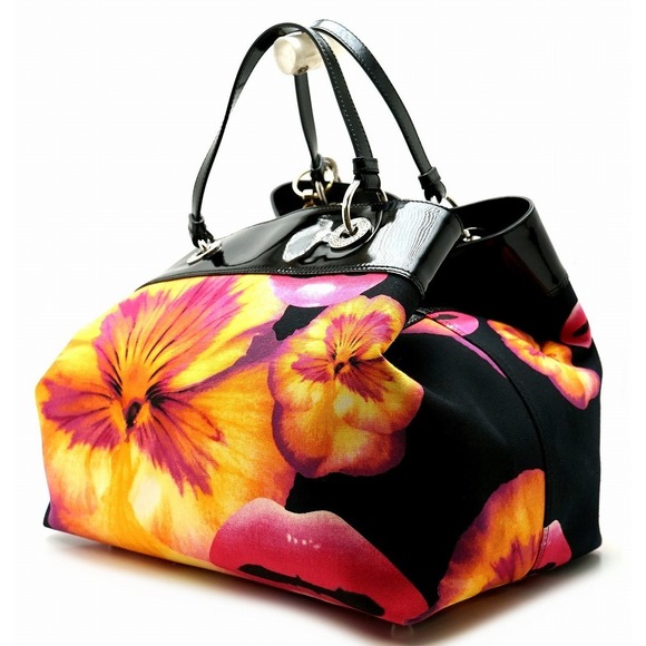 Christian Dior Shoulder Bag Flower Rhinestone Charm Patent Black Multicolor - Picture 2 of 9